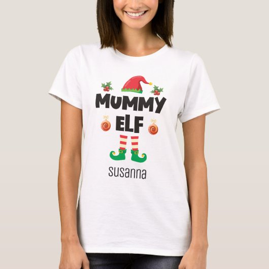 Mama elf familie bijpassende kerst outfit naam t-shirt (Voorkant)