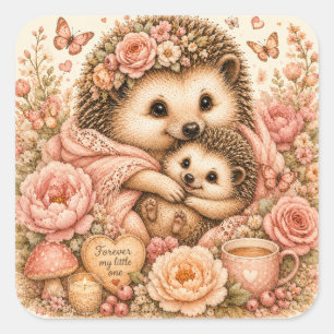 Mama en Baby Egel Gezellige Bloemen Vierkante Sticker