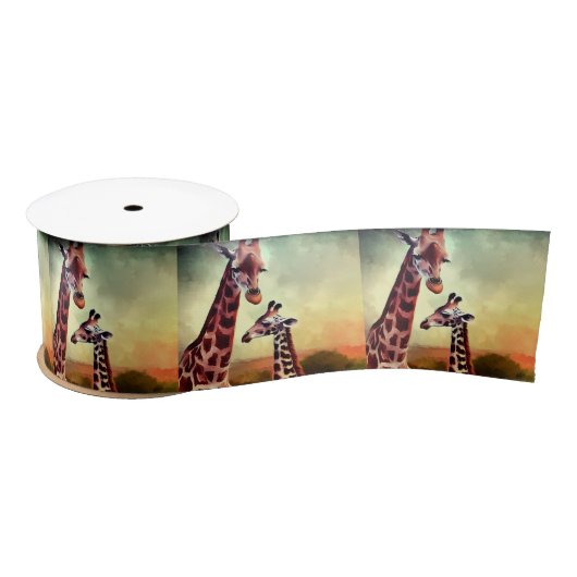 mama en Baby Giraffe aquarel, Satijnen Lint (Spoel)