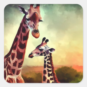 mama en Baby Giraffe aquarel, Vierkante Sticker