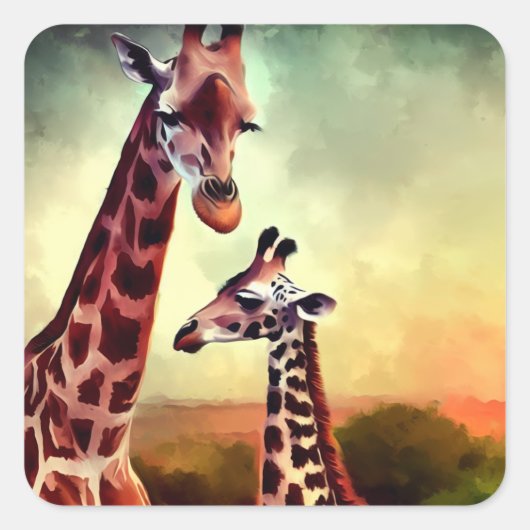 mama en Baby Giraffe aquarel, Vierkante Sticker (Voorkant)