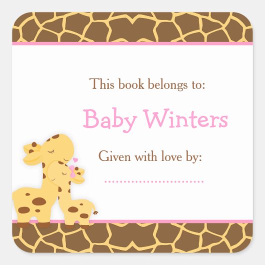 Mama en Baby Giraffe Douche Bookplate Vierkante Sticker (Voorkant)