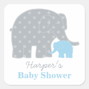 Mama en Baby Olifant Blauwe Jongens Borrelnootje Vierkante Sticker