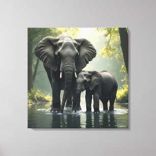 Mama en Baby olifant in het regenwoud Canvas Afdruk