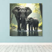 Mama en Baby olifant in het regenwoud Canvas Afdruk (Insitu (Houten vloer))