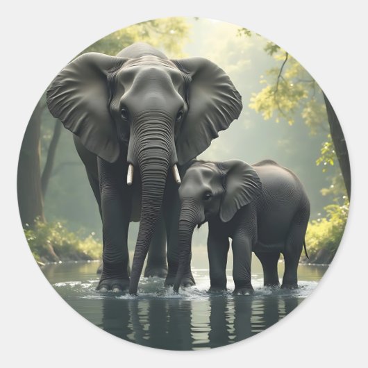 Mama en Baby olifant in het regenwoud Ronde Sticker (Voorkant)