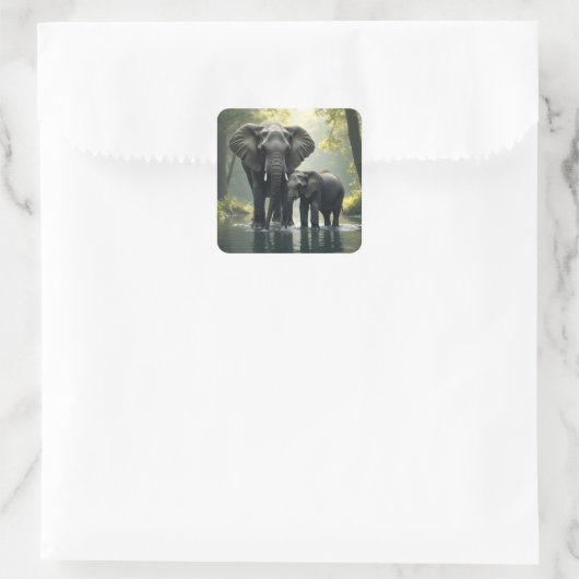 Mama en Baby olifant in het regenwoud Vierkante Sticker (Tas)