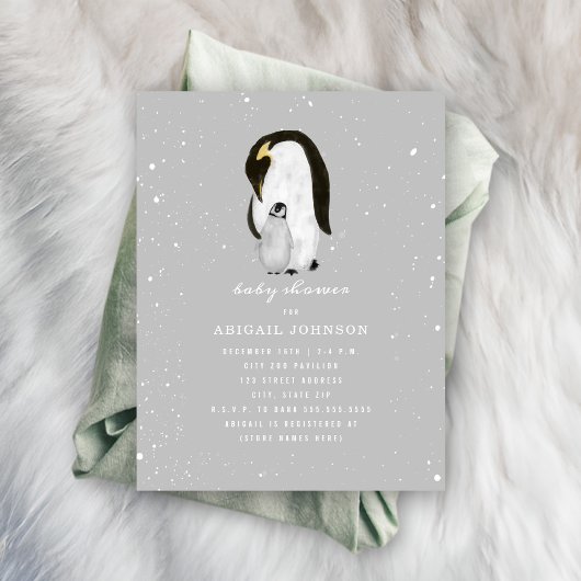 Mama en Baby Penguin Neutral Grey Baby shower Kaart