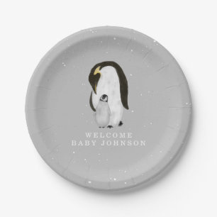 Mama en Baby Penguins Neutral Grey Baby shower Papieren Bordje