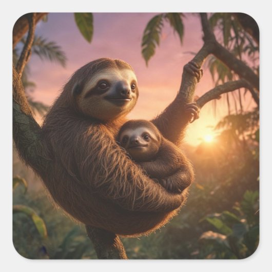 Mama en Baby Sloth Vierkante Sticker (Voorkant)