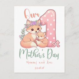 Mama en Baby Vos Roze 1e Moederdag Feestdagenkaart