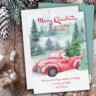 Mama en Papa Vintage rode vrachtwagen en kerstboom Feestdagenkaart