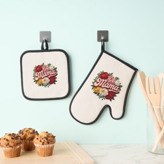 Mama Floral Kitchen Set – Oven Mitt & Pot Holder  (Insitu(Ophanging))