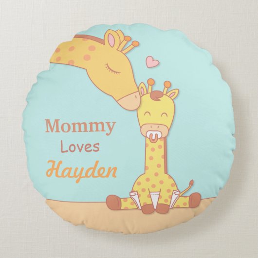 Mama Giraffe en Baby Kalf Slaapkamer Decoratie Rond Kussen (Voorkant)