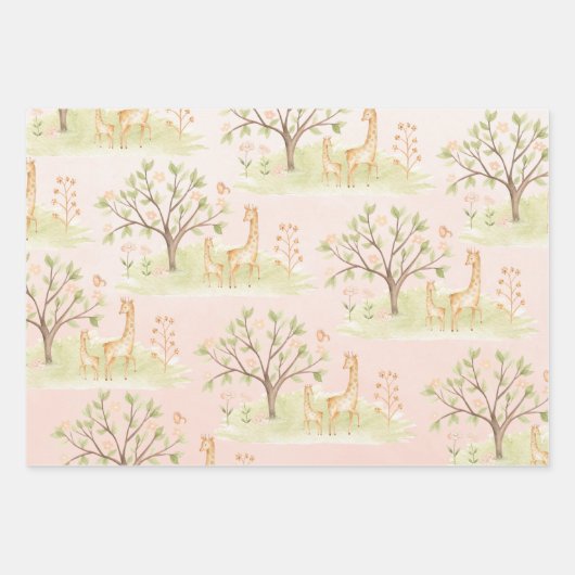 Mama Giraffe met Baby en vrienden Blush Pink Inpakpapier Vel (Voorkant)