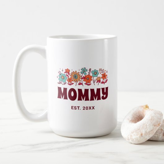 Mama Groovy Bloem Retro  Bloemen Moeder Koffiemok (Met donut)