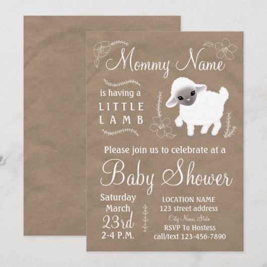 Mama heeft een lammetje. Uitnodiging baby shower (Voorkant / Achterkant)