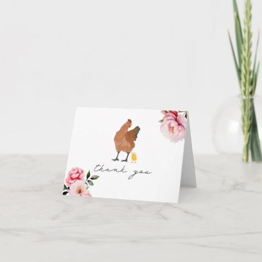 Mama Hen Baby Chick Roze Bloemen Dank u Bedankkaart (Voorkant)