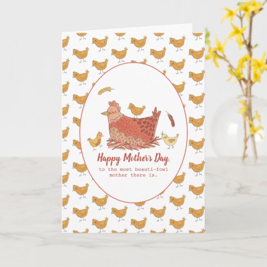 Mama Hen en Chicks Funny Moederdag Kaart (Gele Bloem)