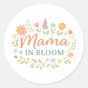 Mama In Bloom Bloemrijk Lente Typografie Ontwerp Ronde Sticker