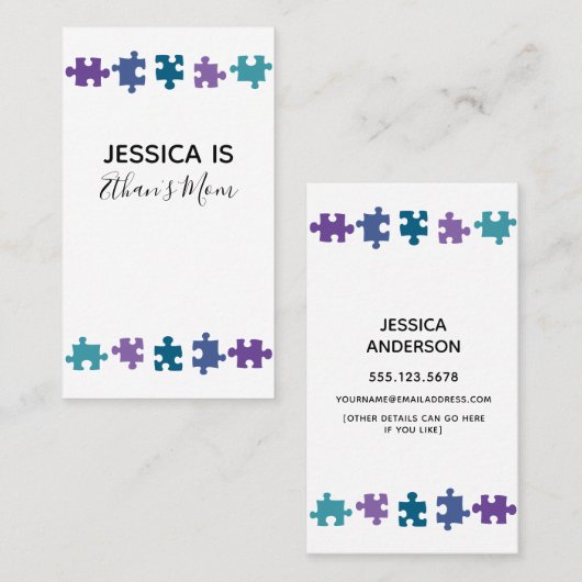 Mama Kaart w / Blauwgroen, Paarse & Blauwe Puzzel  Contactkaartje (Voorkant / Achterkant)
