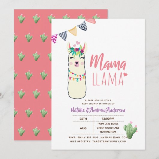 Mama Llama Baby shower Fiesta Cacti Cute Girls Kaart (Voorkant / Achterkant)