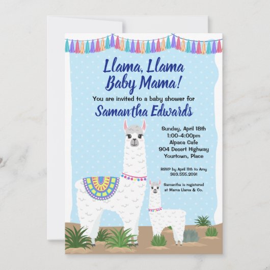 Mama Llama en Baby Blue Polka Dot Baby shower Kaart (Voorkant)