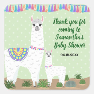 Mama Llama en Baby Green Polka Dot Baby shower Vierkante Sticker