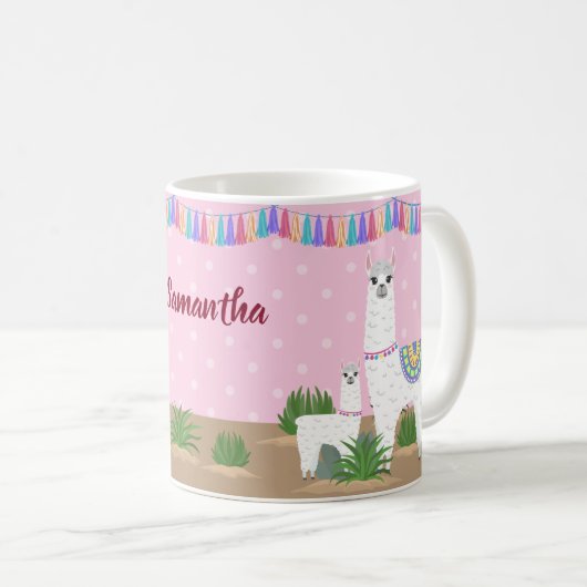 Mama Llama en Baby Llama Pink Polka Dot Koffiemok (Voorkant rechts)