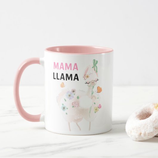 Mama Llama Funny Pink Girly Floral Llama Mok (Met donut)