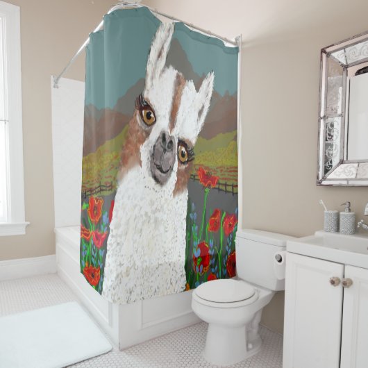  Mama Llama in een Poppy Field schilderij Douchegordijn (In situ)