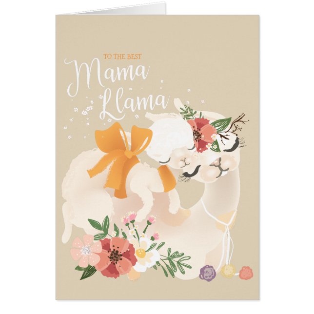 Mama Llama met baby lama en bloemen kaart (Voorkant)
