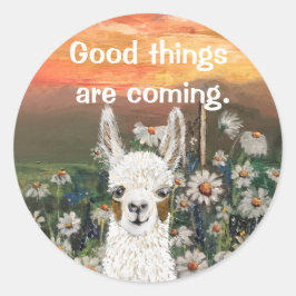 Mama Llama met prachtige Daisy Field achtergrond Ronde Sticker