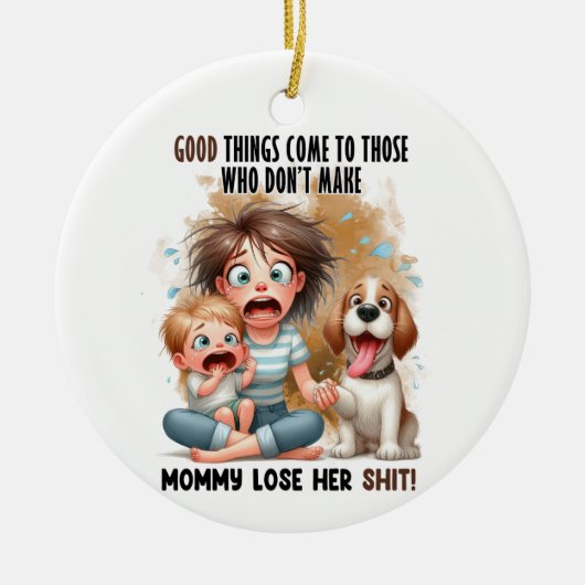 MAMA MET BABY EN GRAPPIGE HOND KERAMISCH ORNAMENT (Voorkant)