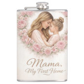 Mama — Mijn eerste thuis | Moeder & dochter bloemm Heupfles (Voorkant)