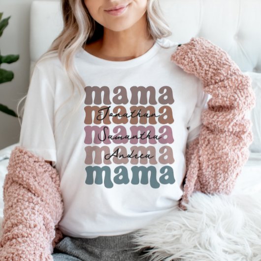 Mama Moederdag Custom Kinder Names Retro T-shirt