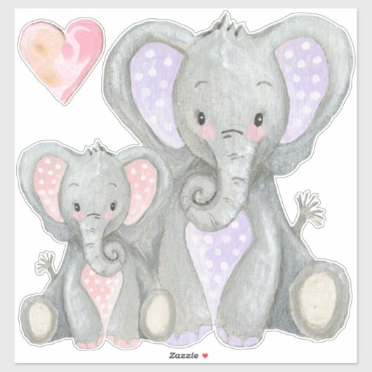 Mama n Baby Schattig Roze Hart Lavendel Olifant Sticker (Vel)