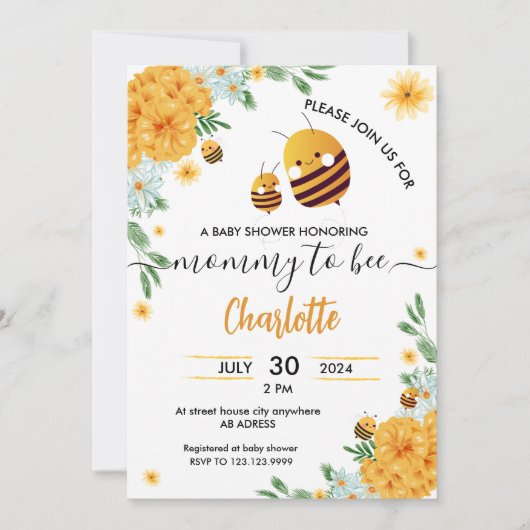 Mama naar Bee Baby shower Floral Waterverf Kaart (Voorkant)