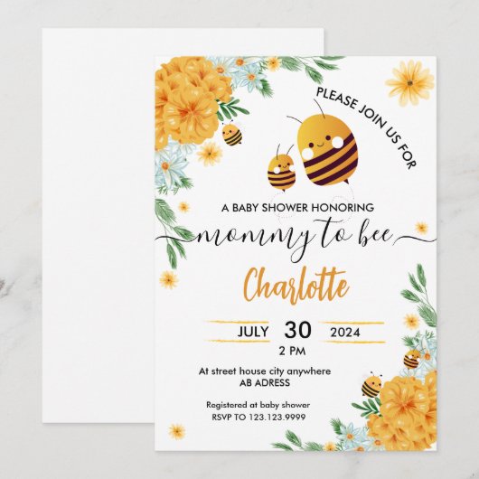 Mama naar Bee Baby shower Floral Waterverf Kaart (Voorkant / Achterkant)