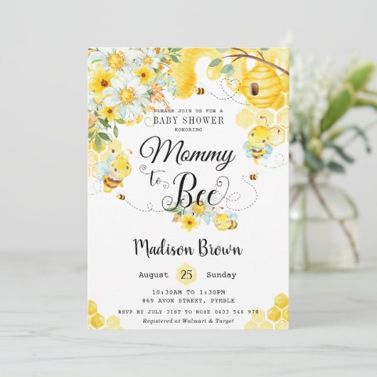Mama naar Bee Geel Bloemen Baby shower Neutraal Kaart (Staand voorkant)