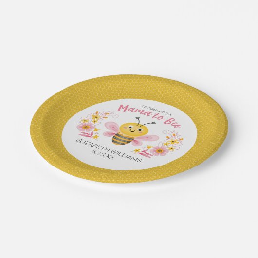 Mama naar Bee Geel Roze Baby shower Papieren Bordje (Gekanteld)