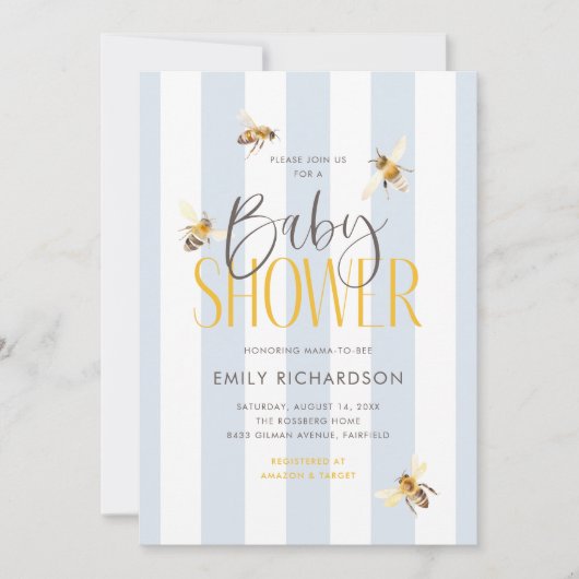 Mama naar Bee Honey Blue Baby shower Invitation Kaart (Voorkant)