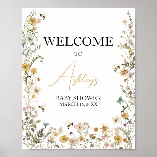 Mama naar Bee Wildflower Baby shower Welkom Poster (Voorkant)
