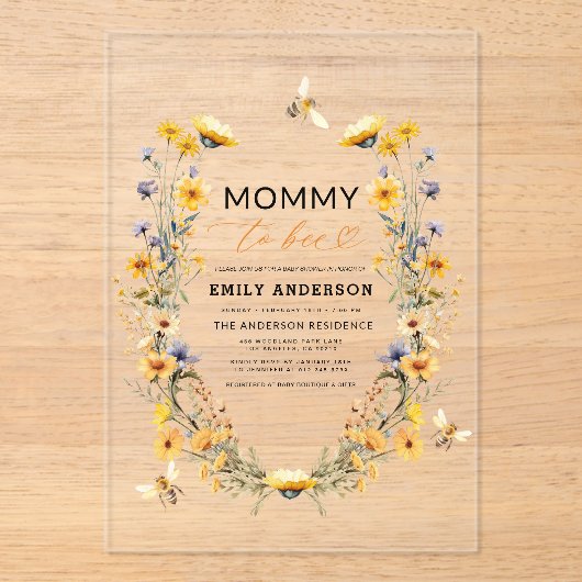 Mama naar Bee Wildflower Genderneutraal Baby showe Acryl Uitnodigingen (Voorkant)