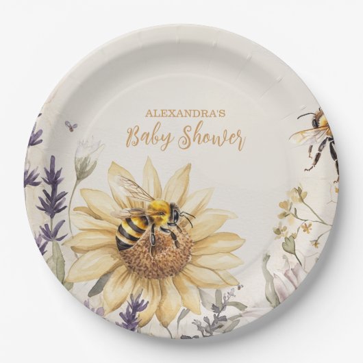 mama naar Bee Yellow Floral Baby shower Papieren Bordje (Voorkant)
