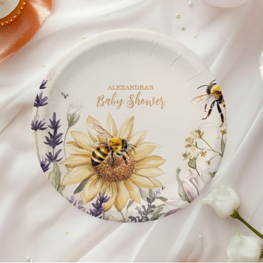 mama naar Bee Yellow Floral Baby shower Papieren Bordje