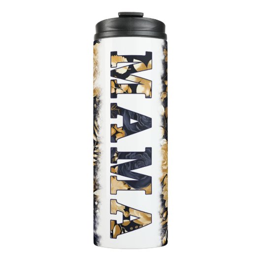 MAMA  Navy/Gold Bloemen Tumbler Thermosbeker (Voorkant)