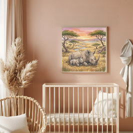 Mama Neushoorn en Kalveren Nursery Poster