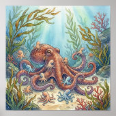 Mama Octopus en Baby Octopussen Kraamkamer Poster (Voorkant)