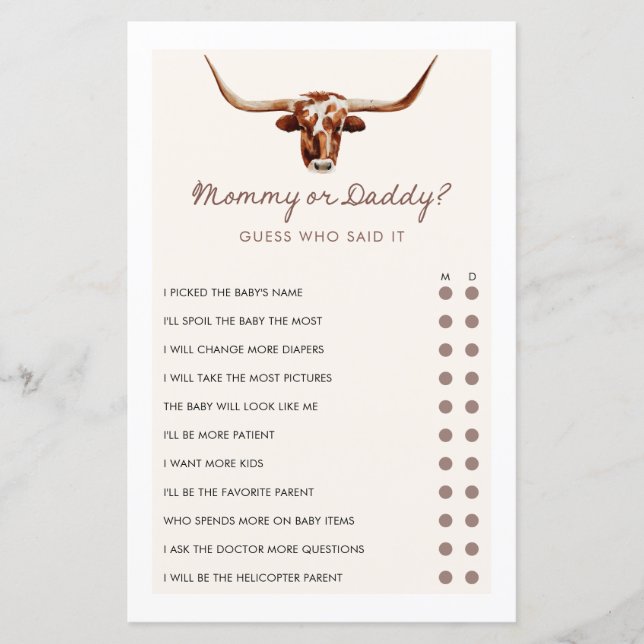 Mama of Daddy Cowboy Western Baby shower Spel (Voorkant)